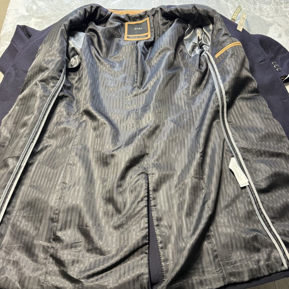 ZARA Mens Navy Blue Wool Blend Overcoat Jacket Peacoat 2 front Button Sz Large - Picture 10 of 13